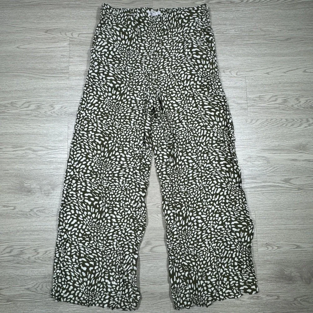 LOFT Women's Wide Leg Pants Animal Print Olive Green‎ White Size S Elastic Waist